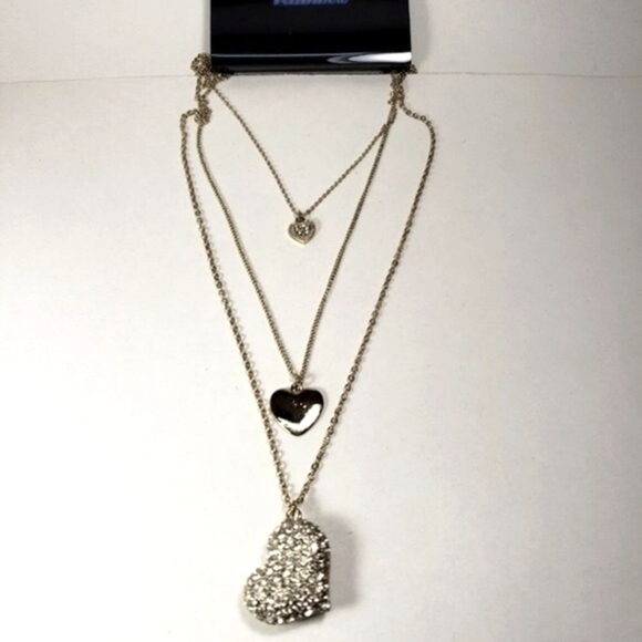 Gold Tone Layered Necklace Dazzling Drop Heart Charms Pendant - Women's Jewelry - Picture 1 of 14